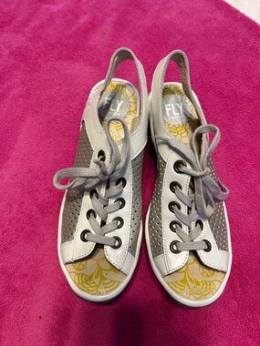 Fly London Women's Gray and White Open-Toe Lace-Up Sneakers